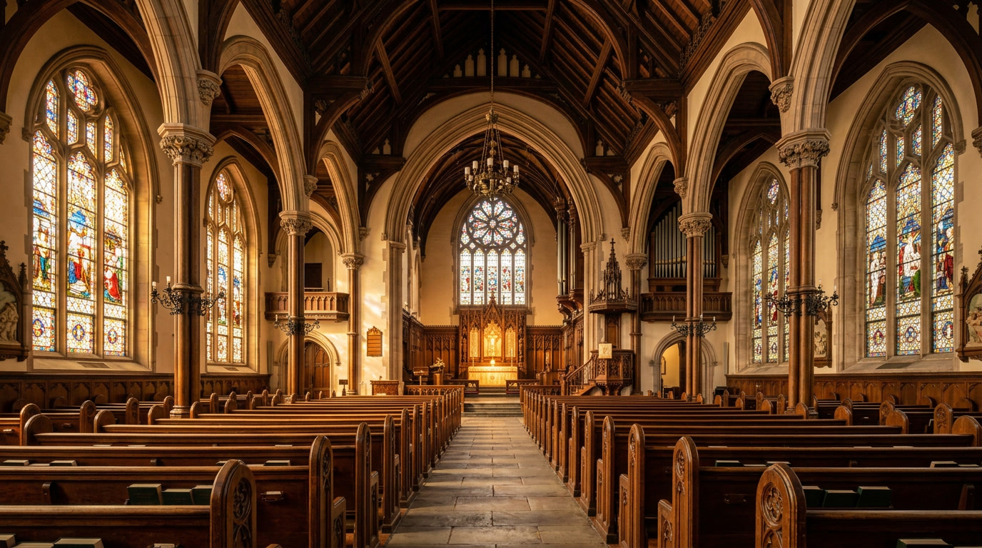 Aspirational Philadelphia sanctuary with tall stained glass windows and warm natural light
