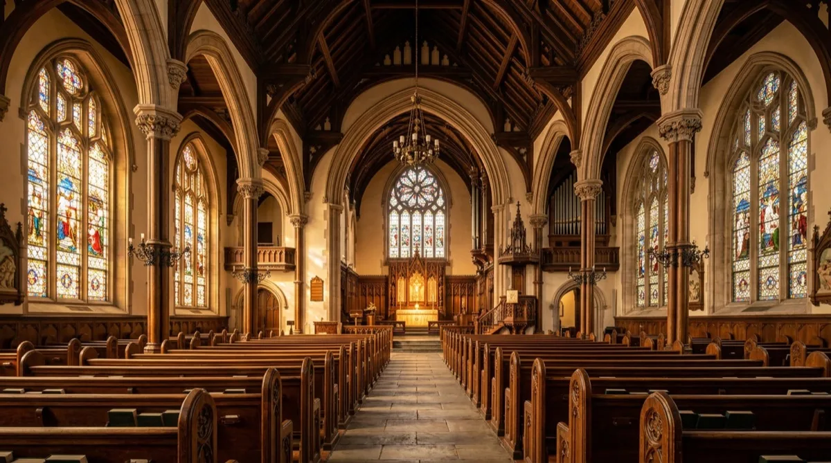 Aspirational Philadelphia sanctuary with tall stained glass windows and warm natural light