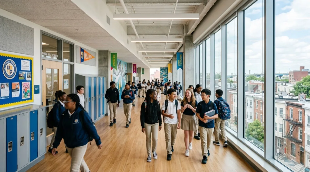 Philadelphia charter school glass entrance with solar and safety film