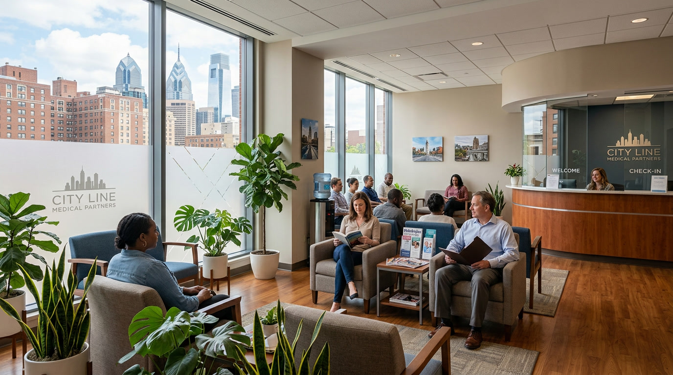 Medical clinic waiting room with frosted lower window panels, calm patient environment