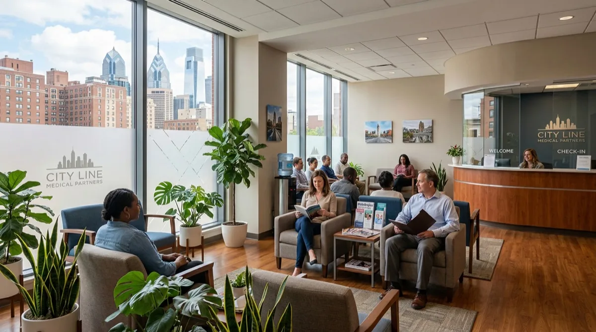 Medical clinic waiting room with frosted lower window panels, calm patient environment
