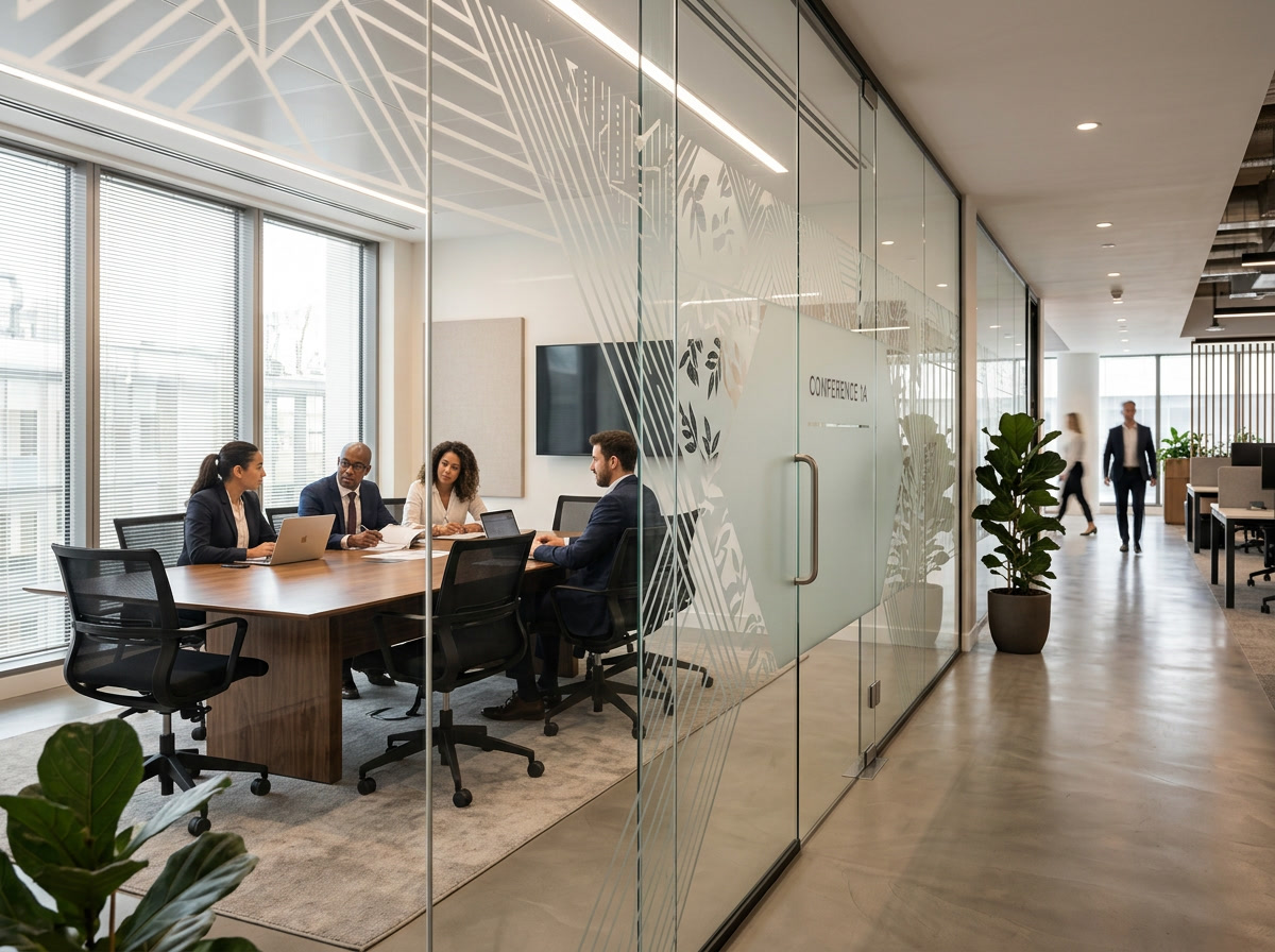 Office glass conference room partition with decorative frosted window film