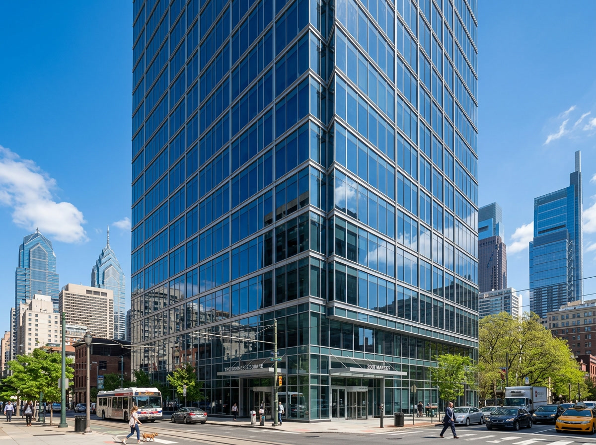Philadelphia high-rise office tower with window film on glass curtain wall