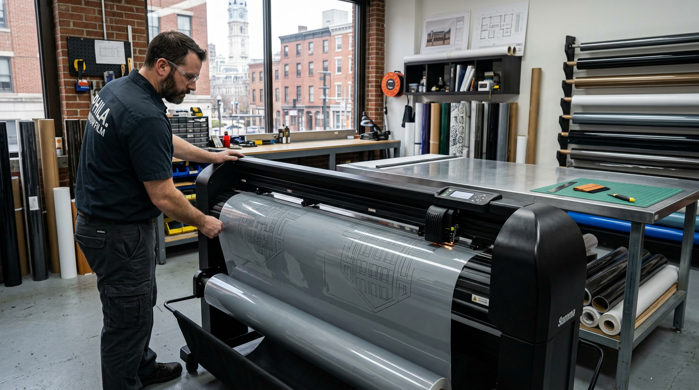 Precision plotter cutting commercial window film to exact dimensions