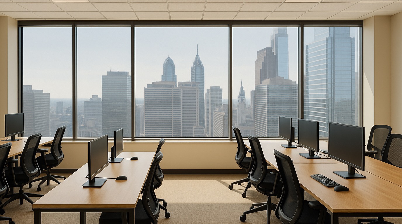 Same Philadelphia office interior after commercial window tinting — soft even light, no screen glare