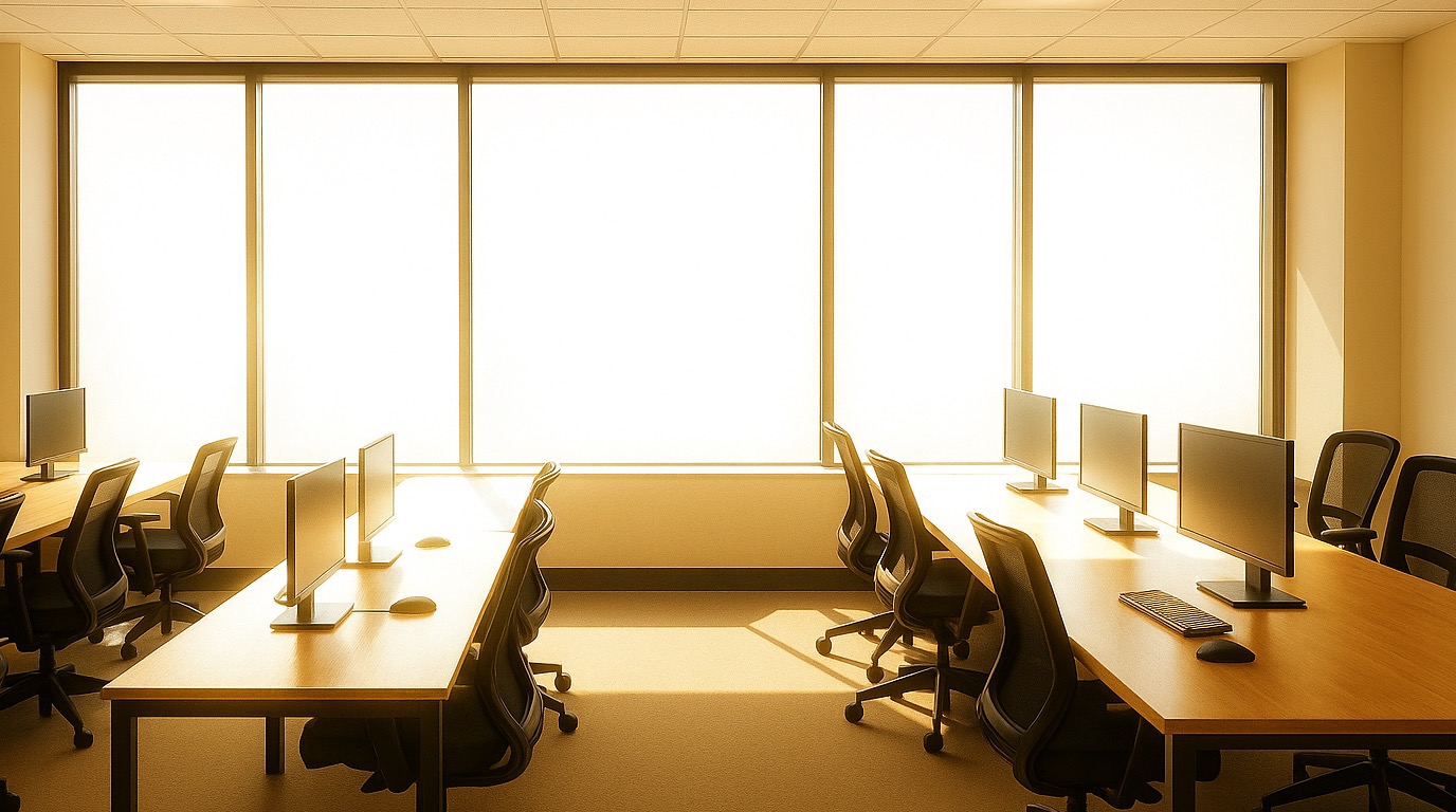 Philadelphia office interior without window film — harsh afternoon glare on computer monitors