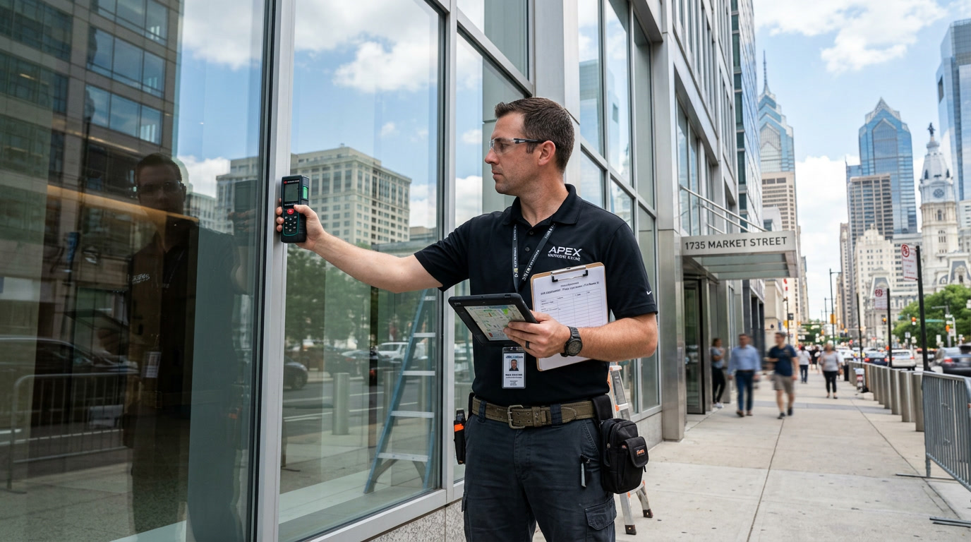 Commercial window film consultant assessing office building windows in Philadelphia