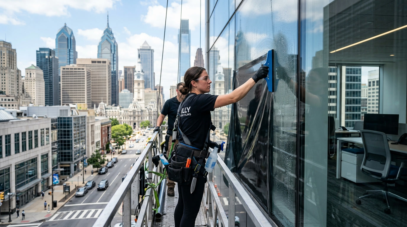 Professional installer applying commercial window film to office building glass in Philadelphia