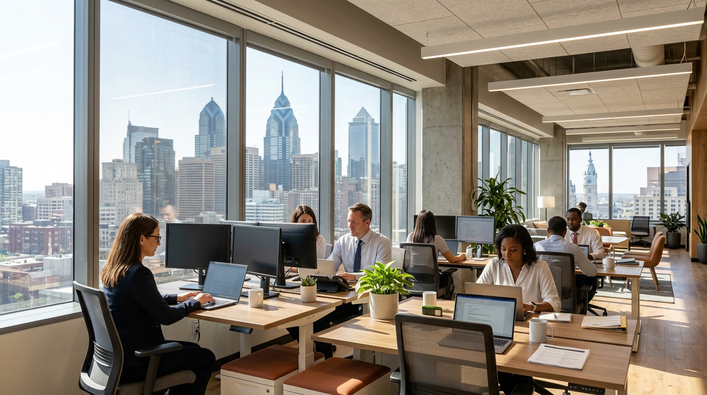 Philadelphia commercial office interior with window tinting installed