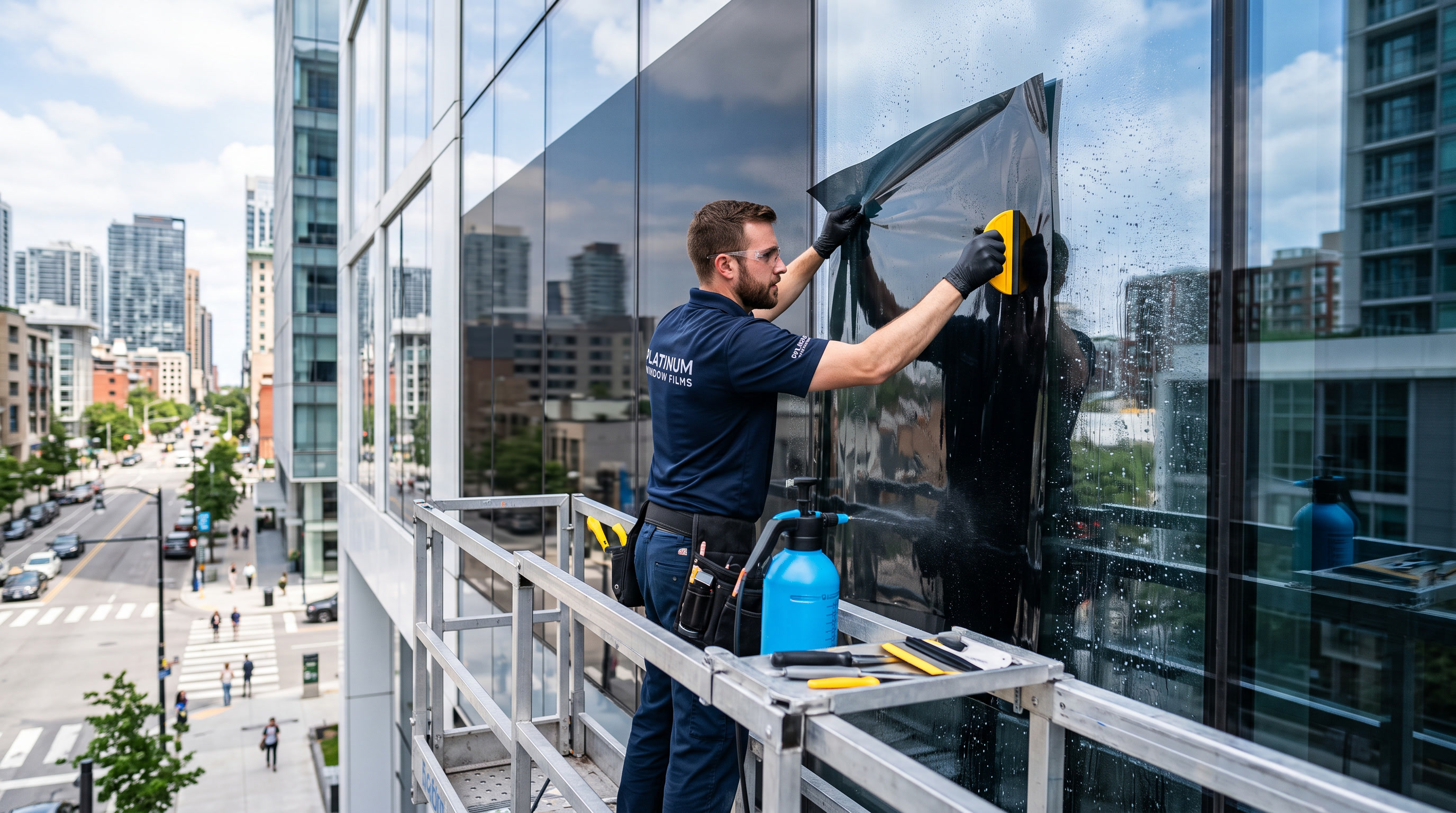 Professional installer applying commercial window film to office building glass