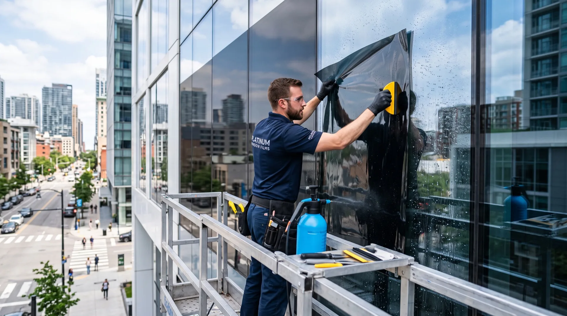 Professional installer applying commercial window film to office building glass