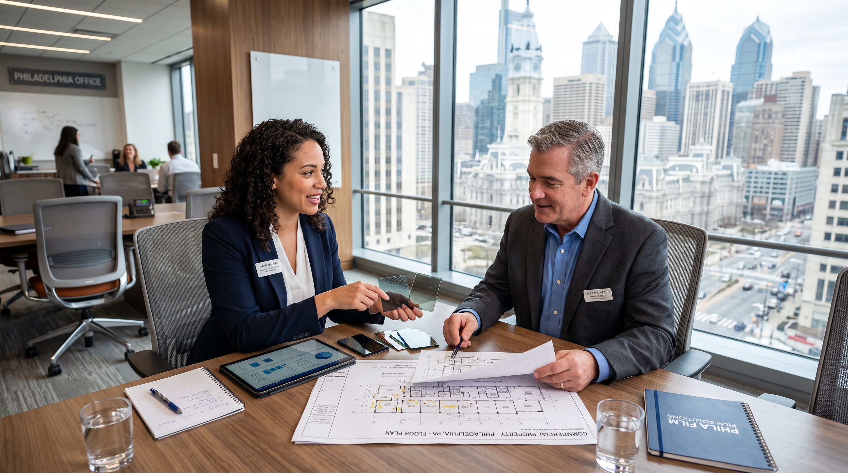 Commercial window film consultant meeting with building manager in Philadelphia