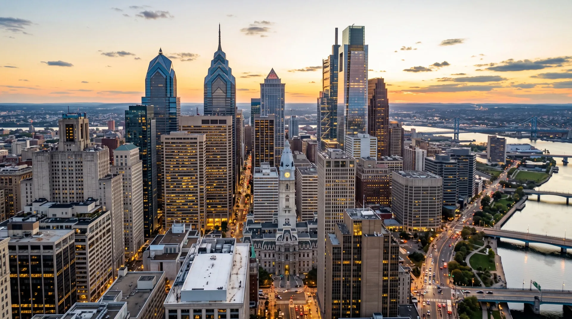 Philadelphia commercial district with office buildings featuring window tinting
