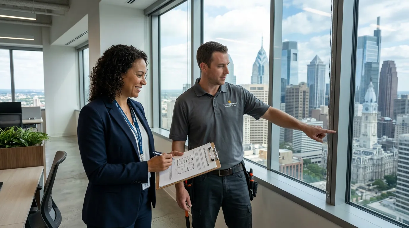 Installer and building manager doing final walkthrough of commercial window film installation