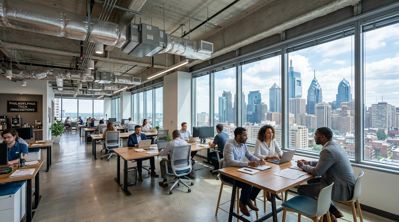 Energy saving commercial window film on a Philadelphia office building