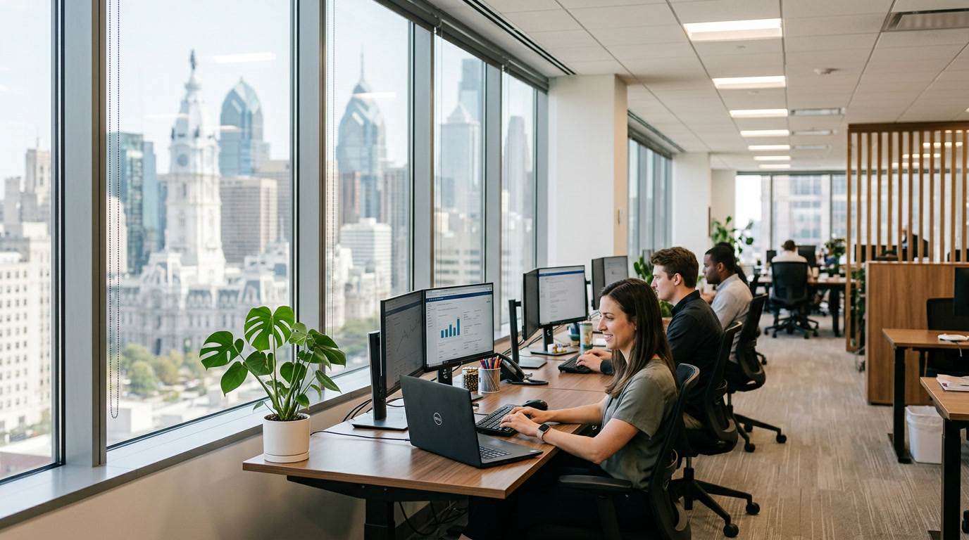 Glare reduction commercial window film in a Philadelphia office workspace