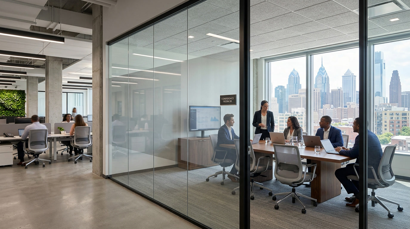Privacy commercial window film on Philadelphia office conference room glass