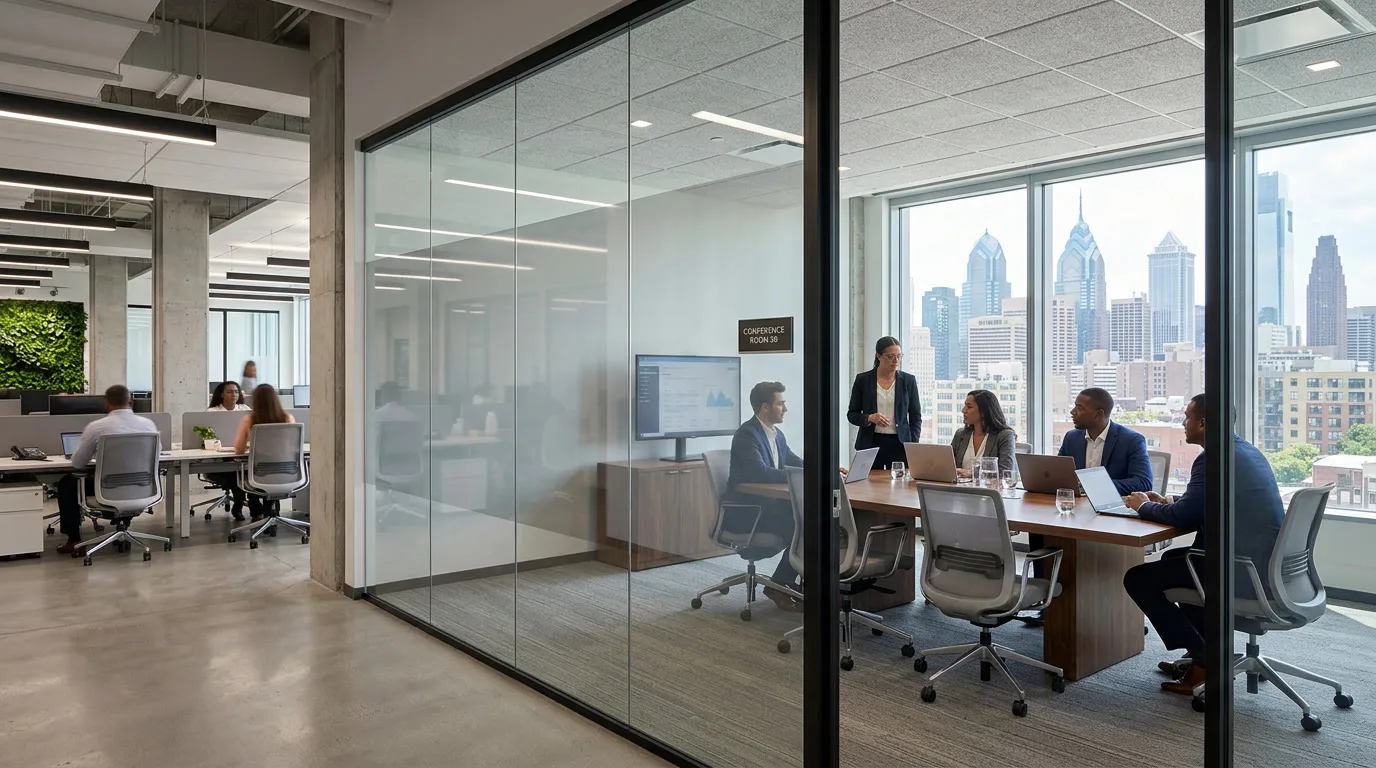 Privacy commercial window film on Philadelphia office conference room glass
