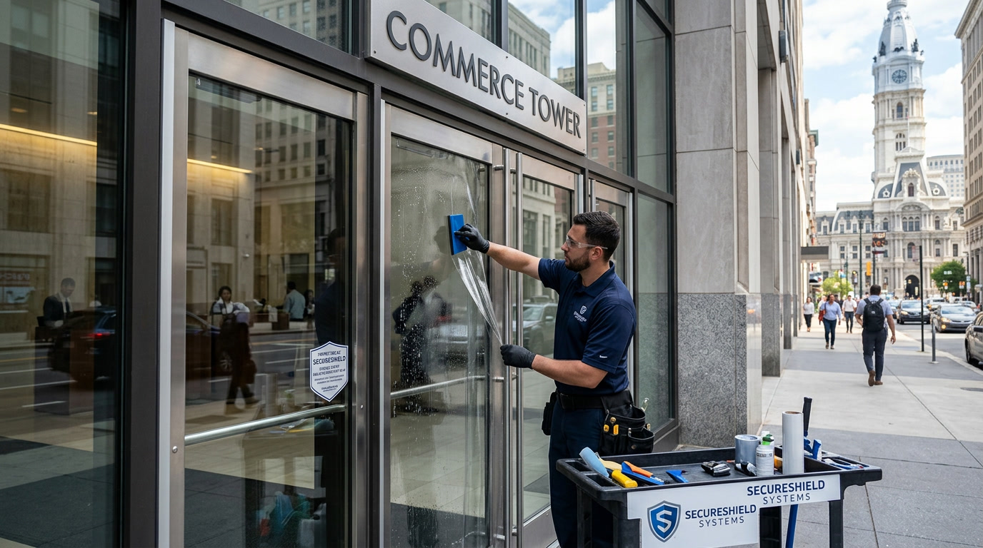 Security commercial window film on a Philadelphia storefront entrance