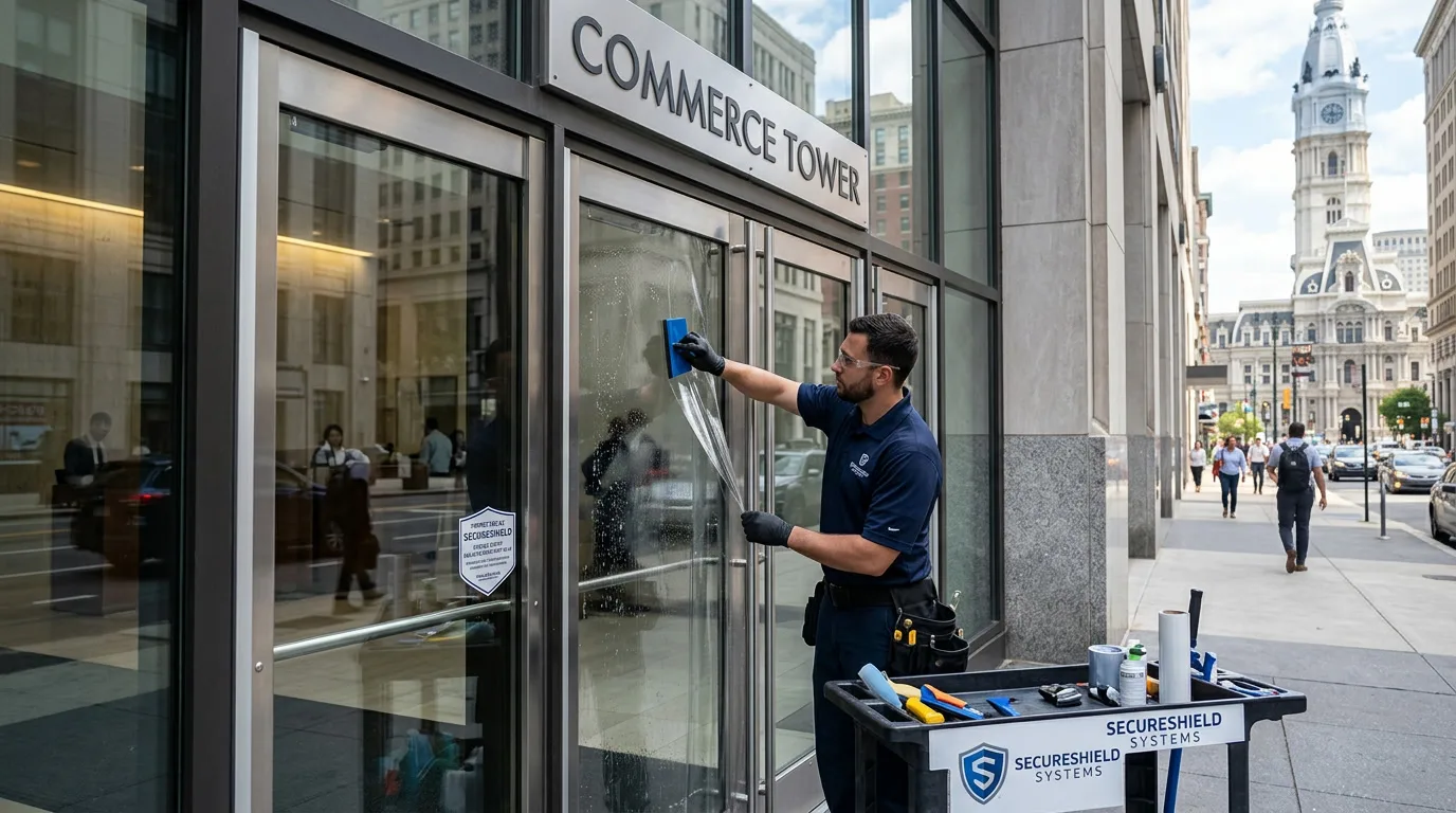 Security commercial window film on a Philadelphia storefront entrance