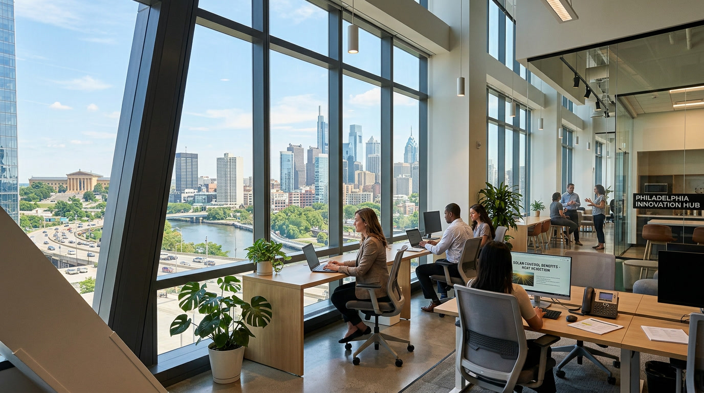 Solar control commercial window film on a Philadelphia office building interior