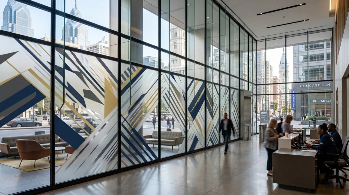 Custom printed architectural window film on Philadelphia office lobby glass