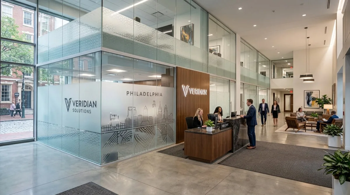 Decorative window film on Philadelphia office lobby glass wall