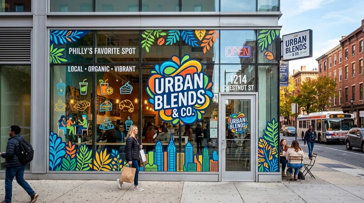 Custom branded decorative window film on Philadelphia retail storefront glass