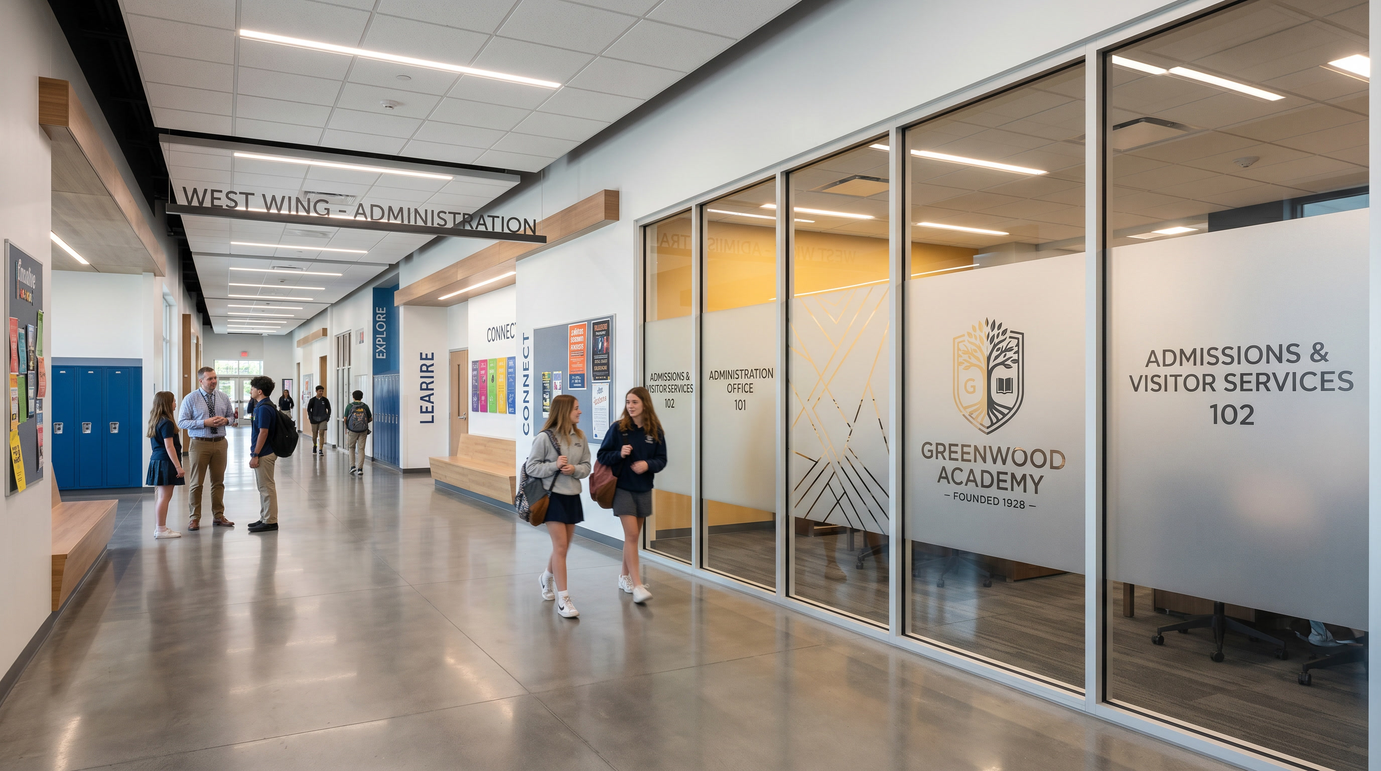 Decorative frosted privacy film on Philadelphia school administrative office glass