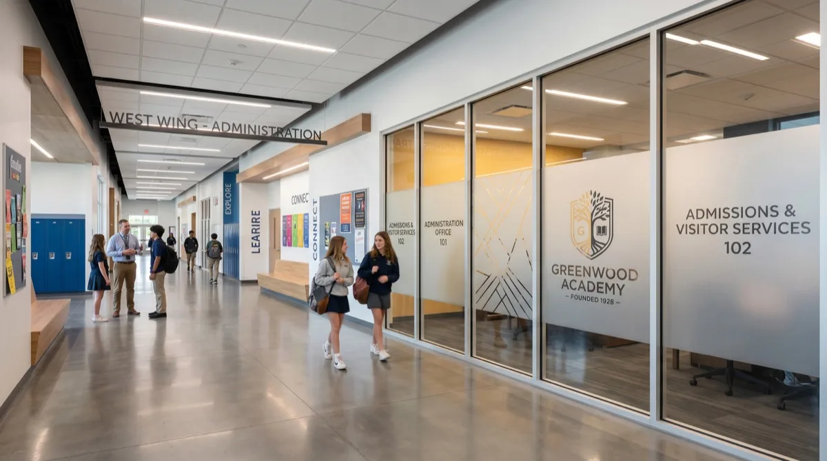 Decorative frosted privacy film on Philadelphia school administrative office glass
