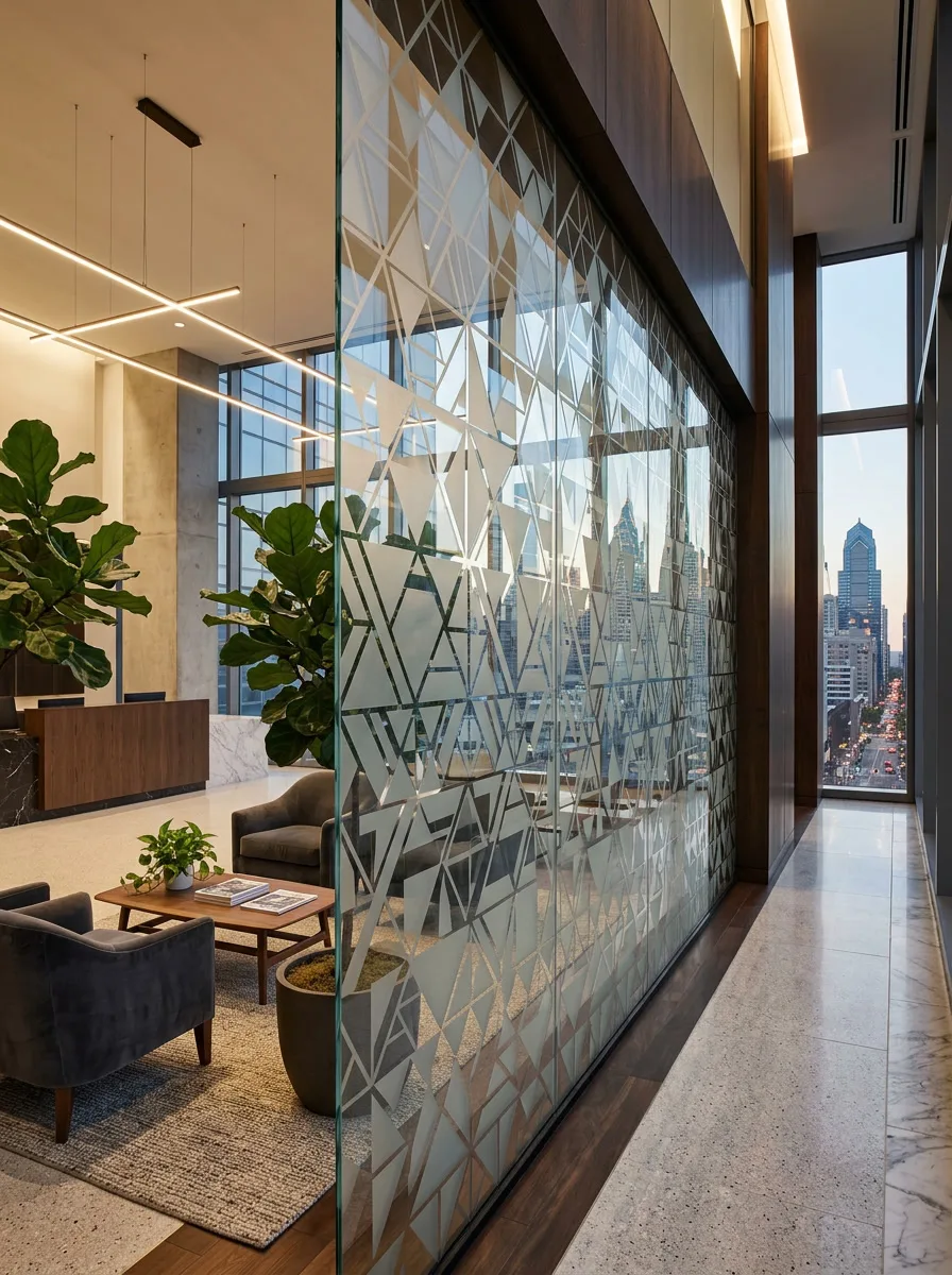 Decorative privacy window film with geometric pattern on Philadelphia office lobby glass