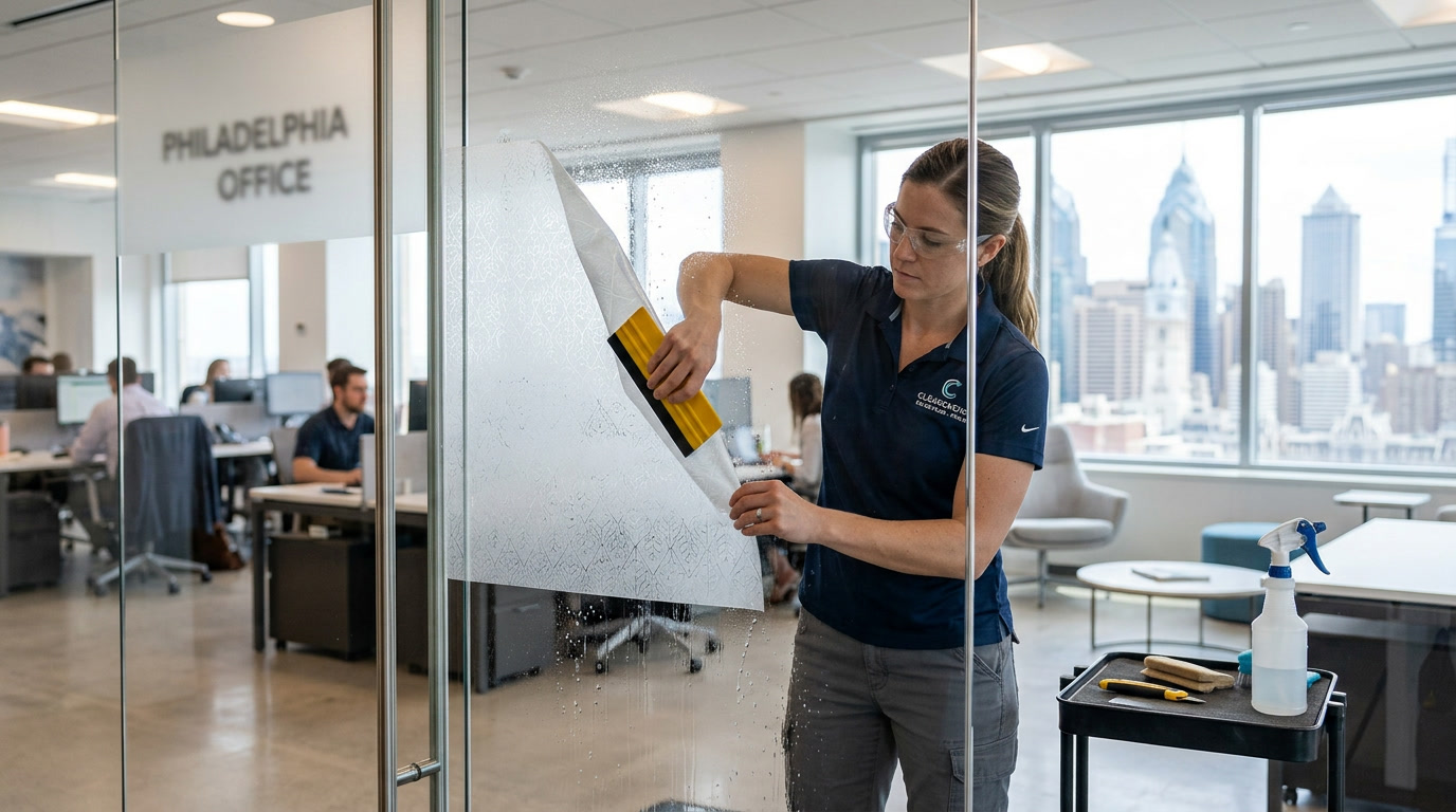 Decorative window film installation on Philadelphia office glass wall