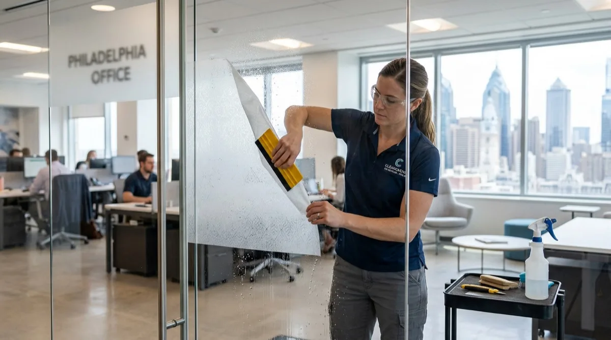 Decorative window film installation on Philadelphia office glass wall