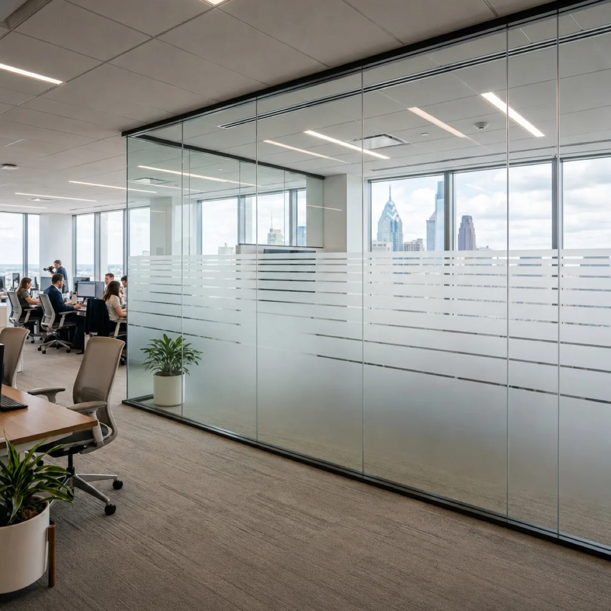 Same Philadelphia office glass partition after decorative frosted window film — professional privacy