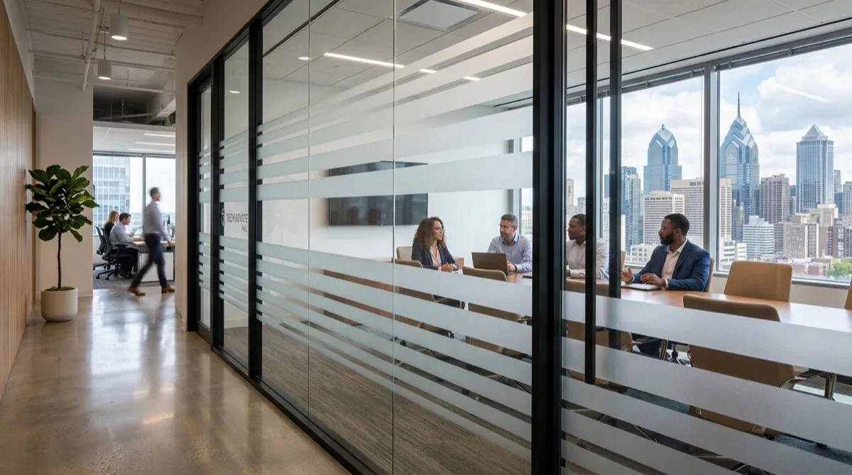 Decorative window film installed on Philadelphia office glass partition — elegant frosted stripe pattern