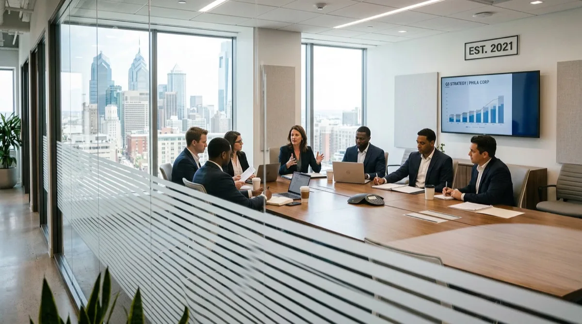 Decorative frosted privacy window film on Philadelphia office conference room glass