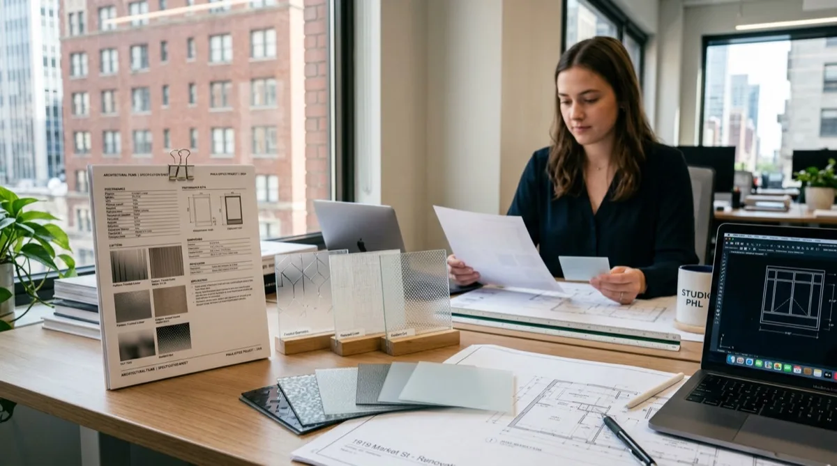 Decorative window film specification sheets and design samples for Philadelphia clients