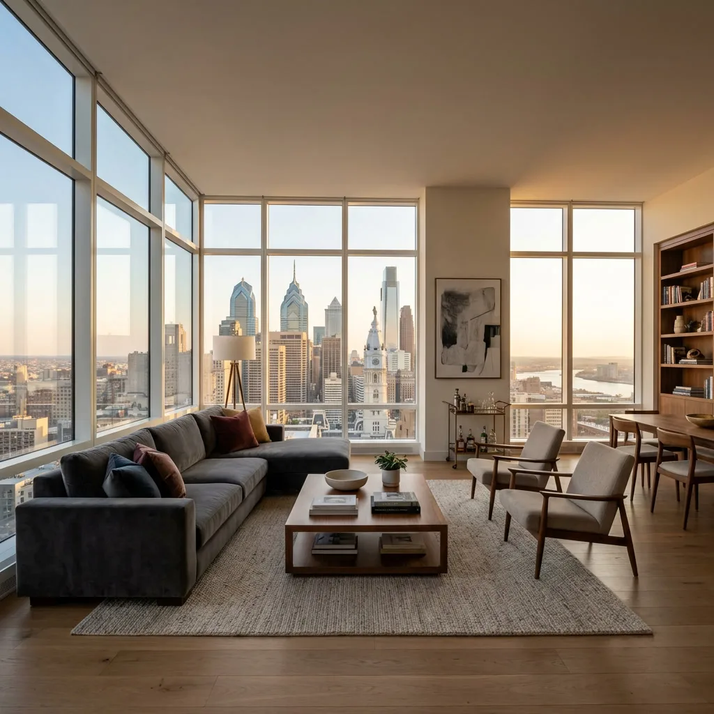 Luxury Philadelphia interior with floor-to-ceiling windows overlooking the city skyline after energy-saving window film installation