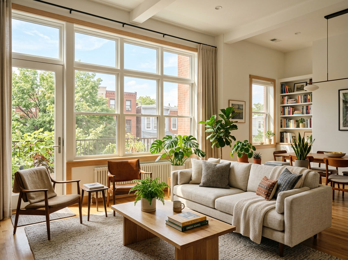 Bright comfortable Philadelphia home interior with warm filtered sunlight through large windows, energy-efficient and glare-free