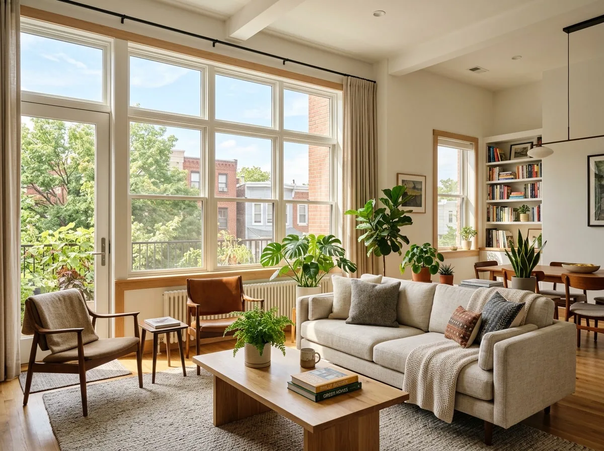 Bright comfortable Philadelphia home interior with warm filtered sunlight through large windows, energy-efficient and glare-free