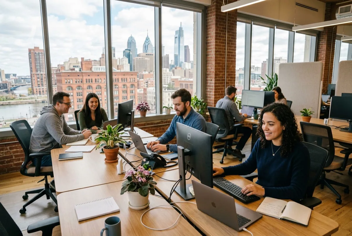 Philadelphia office team working comfortably after energy saving window film reduced glare and heat gain