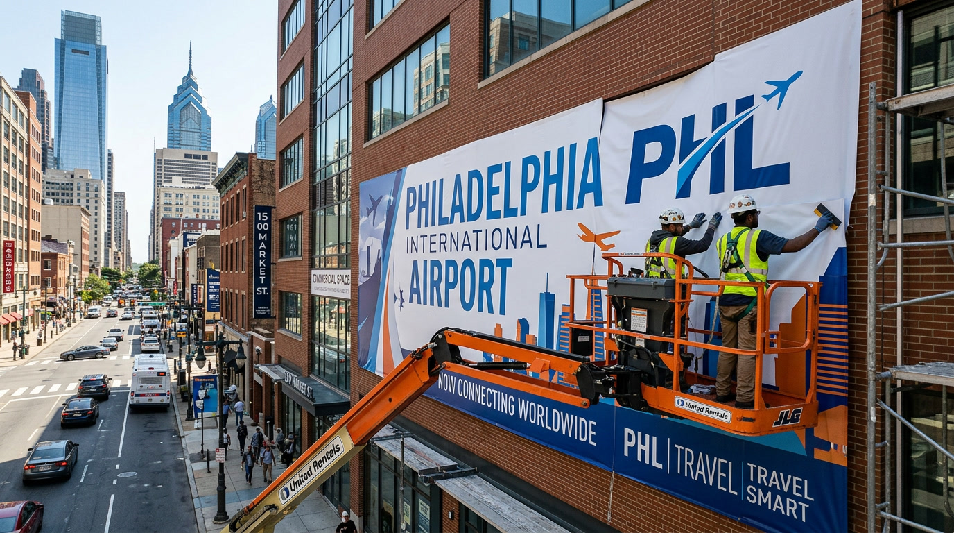 Exterior building wrap installation on Philadelphia commercial building