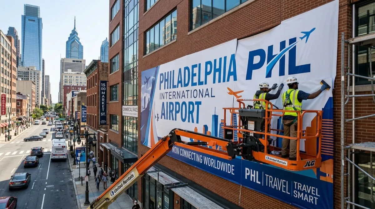 Exterior building wrap installation on Philadelphia commercial building
