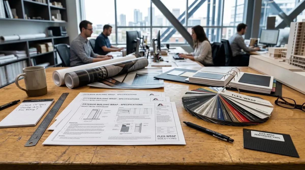 Exterior building wrap specification materials and vinyl samples for Philadelphia clients