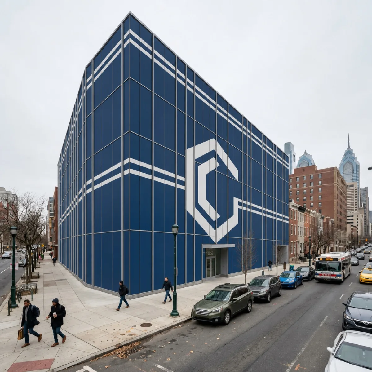 Same Philadelphia commercial building after full-coverage exterior vinyl building wrap installation