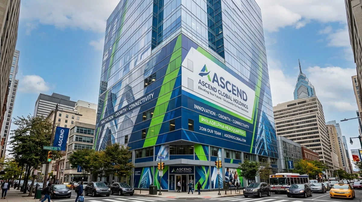 Full coverage exterior building wrap on Philadelphia office building facade