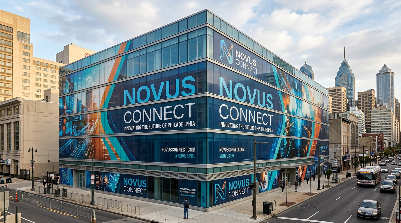 Exterior building wrap installed on Philadelphia commercial building facade — full vinyl graphic coverage