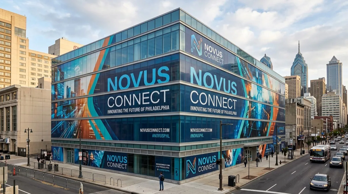 Exterior building wrap installed on Philadelphia commercial building facade — full vinyl graphic coverage