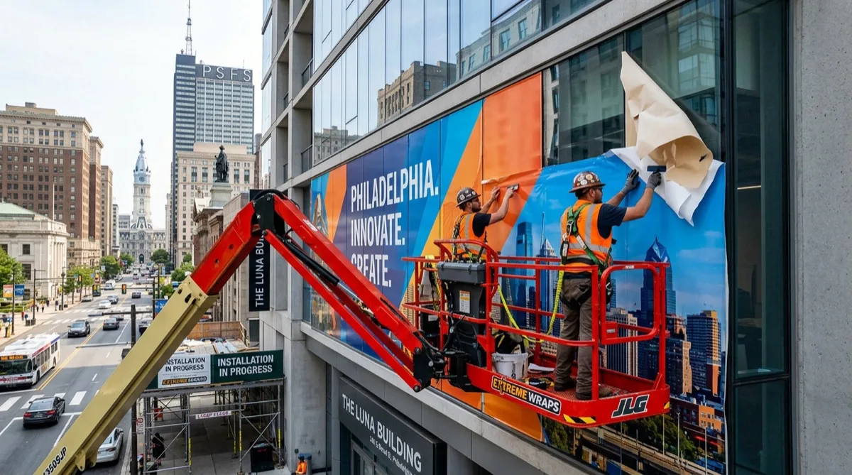 Exterior building wrap installation on Philadelphia commercial building