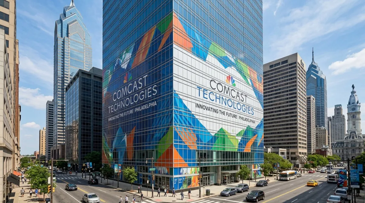 Exterior building wrap on Philadelphia Center City office tower glass facade